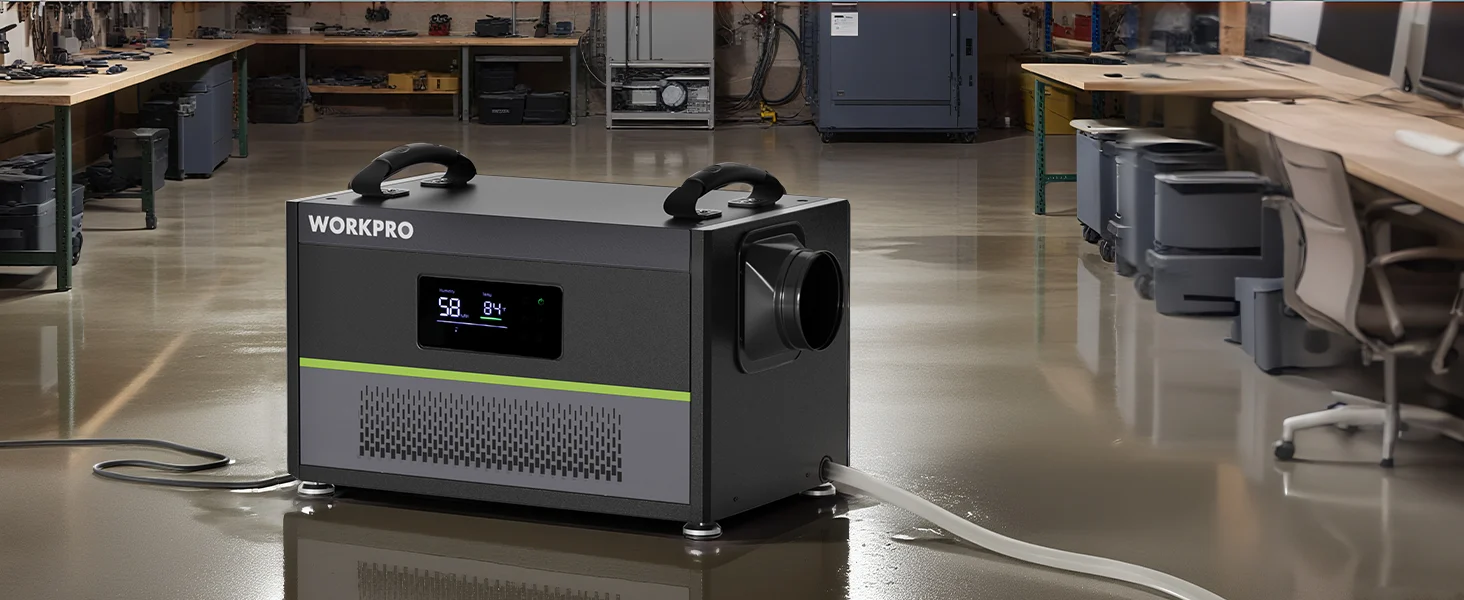Workpro innovation quality portable air purifier with digital display in a workshop, black and green accents