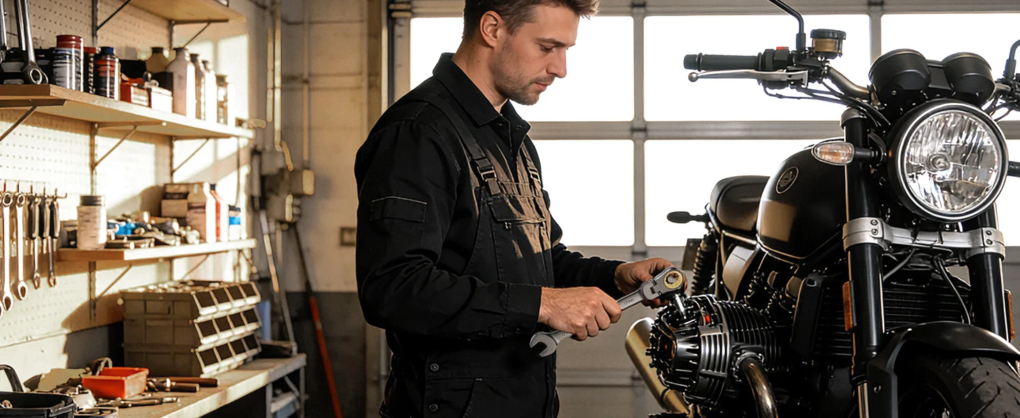 Mechanic in a workshop tightening a motorcycle part, innovation and quality with high-quality secure durable tools