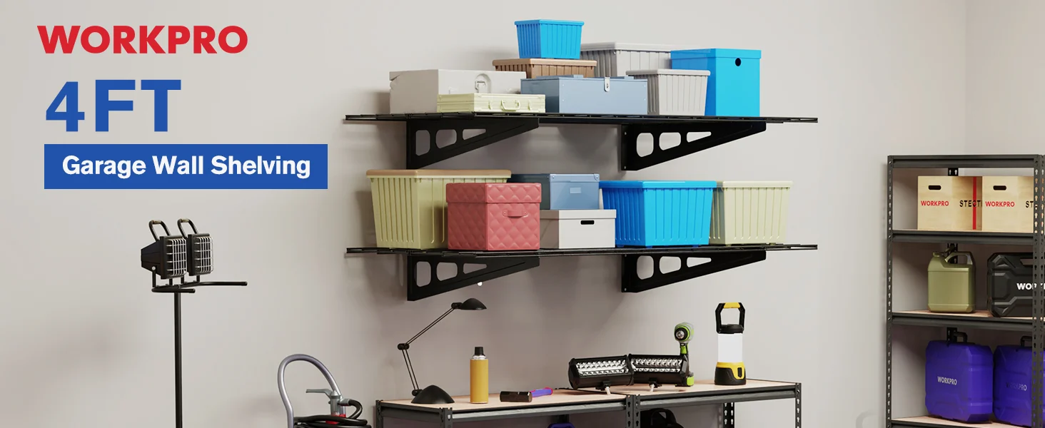 Garage wall shelving with stacked bins and tools, showing innovation, quality, and durable organization