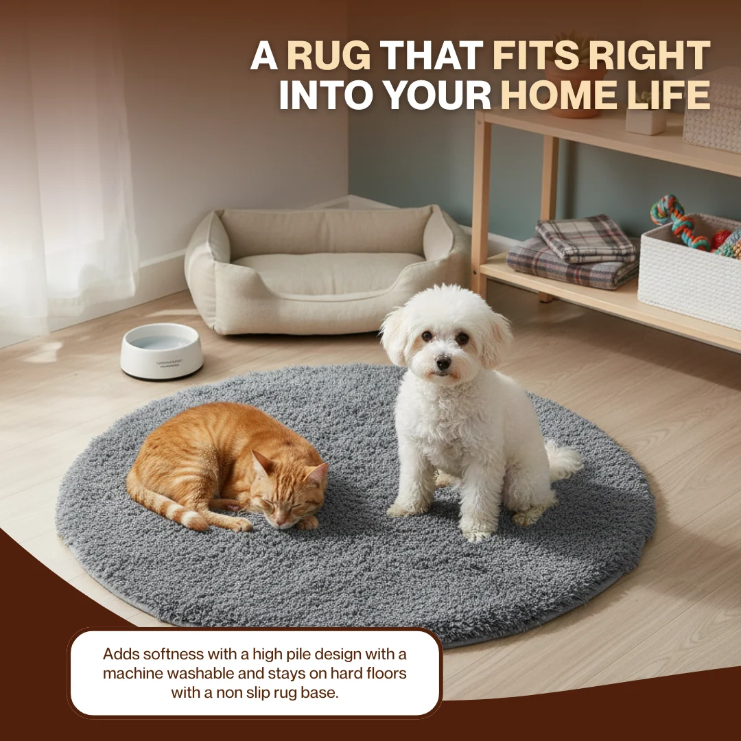 Round Machine Washable Area Rug with High Pile and Anti-Slip Backing