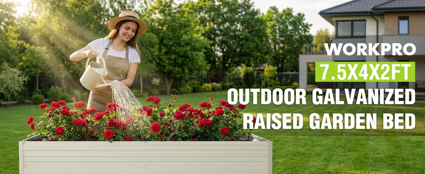 Woman watering red flowers in a raised garden bed, with outdoor galvanized metal panels and a house in back