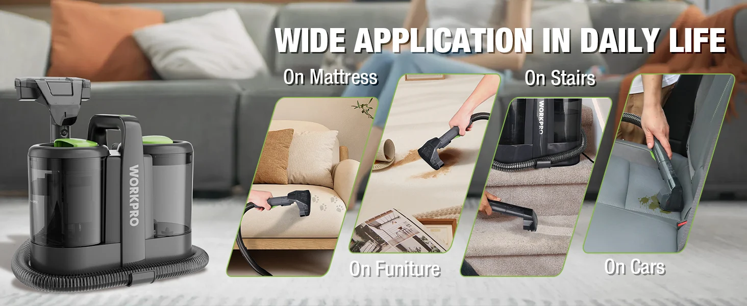 Cordless vacuum cleaner with attachments, shown cleaning a mattress, stairs, furniture, and car seats