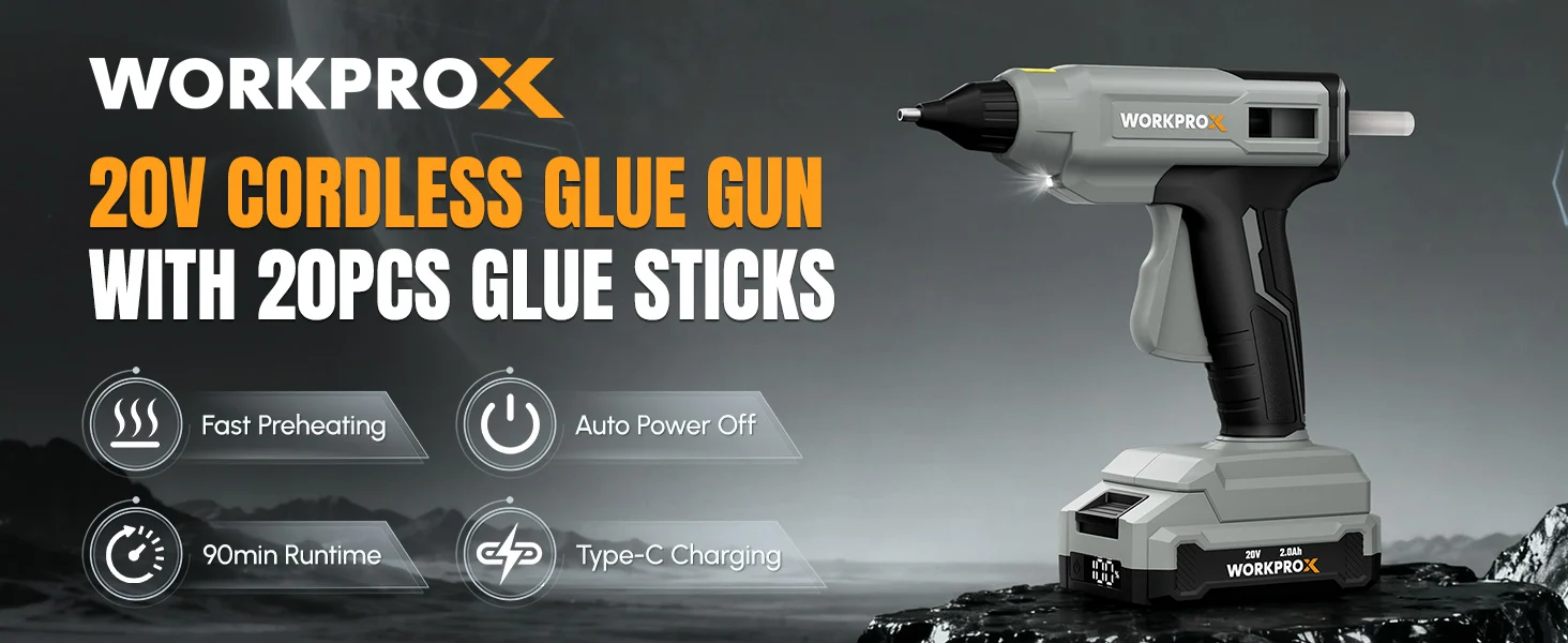 Workpro cordless glue gun with 20V branding, Type C charging, auto power off icons, and glue stick text