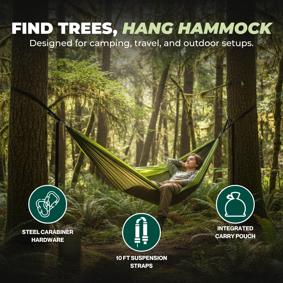 Nylon Hammock with Adjustable Tree Straps and Steel Carabiners