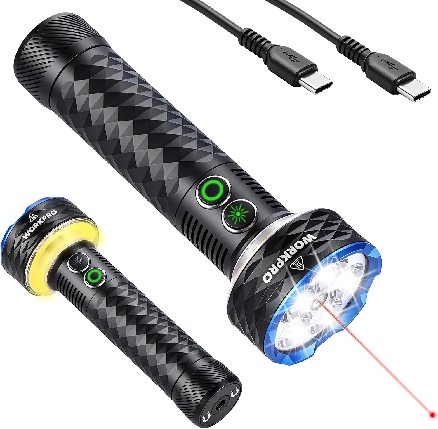 WORKPRO Rechargeable Flashlight with Red Laser, 4000LM Bright Flashlight | 6 Modes, Stepless Dimming, White LED, Warm Light, Red Light, Magnetic Base, USB-C, for Home, Camping, Working, Emergency