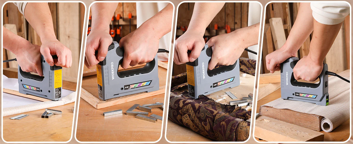 Hands using a stapler on wooden boards, showing innovation and durable quality with secure, high-quality fastening