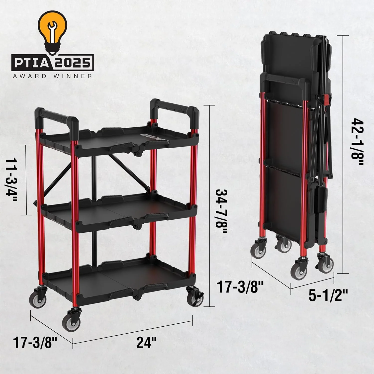 WORKPRO 3-Tier Collapsible Service Cart, Black/Red, 210 LBS Foldable Utility Cart with Wheels, Portable Rolling Tool Cart for Garage, Warehouse, Home, Restaurant and Office (No Assembly Required) - Image 3