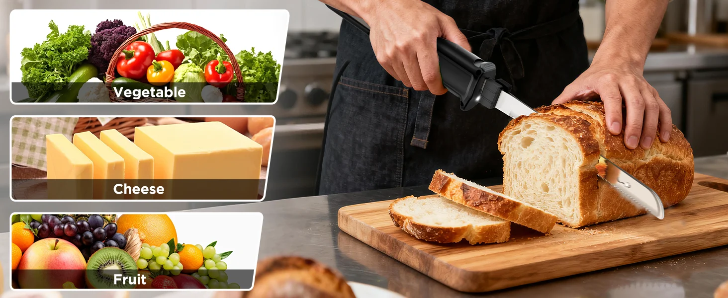Chef cuts a loaf of bread on a wooden board, with visible Vegetable, Cheese, and Fruit labels