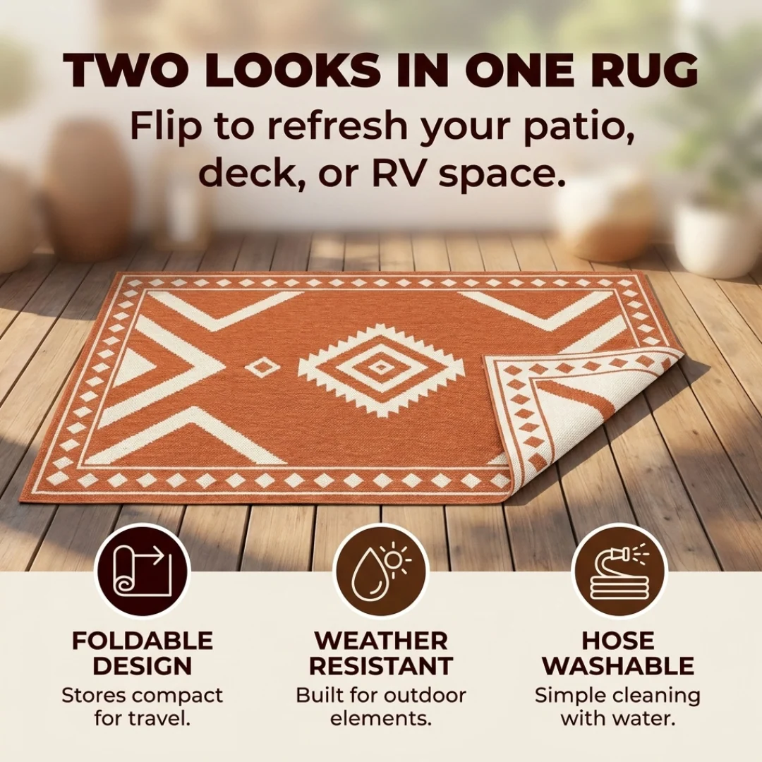 Reversible 5 x 8 ft Area Rug for Patio Deck Porch RV Camping