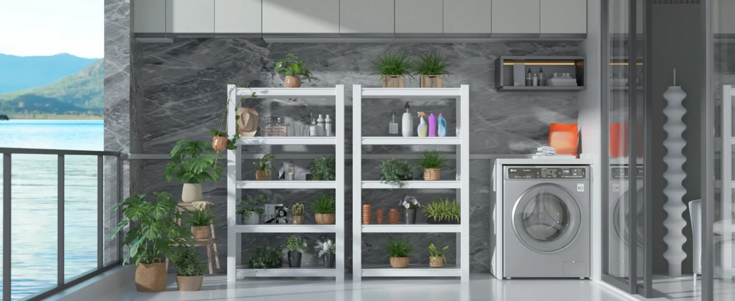 Kitchen laundry area with an open shelving cabinet and potted plants by a window, showing innovation and quality