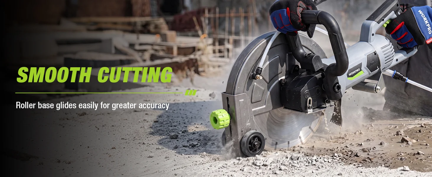 Power saw cutting concrete dust with a roller base, showing innovation and quality in construction work