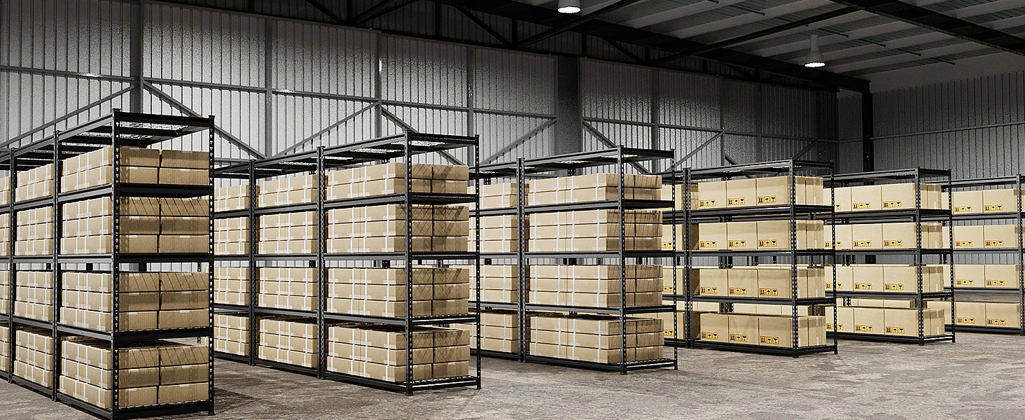 Warehouse shelving packed with cardboard boxes, showing innovation and quality in organized storage with secure aisles