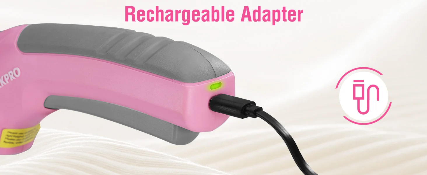 Rechargeable adapter with innovation and quality shown on a pink device, charging cable plugged in