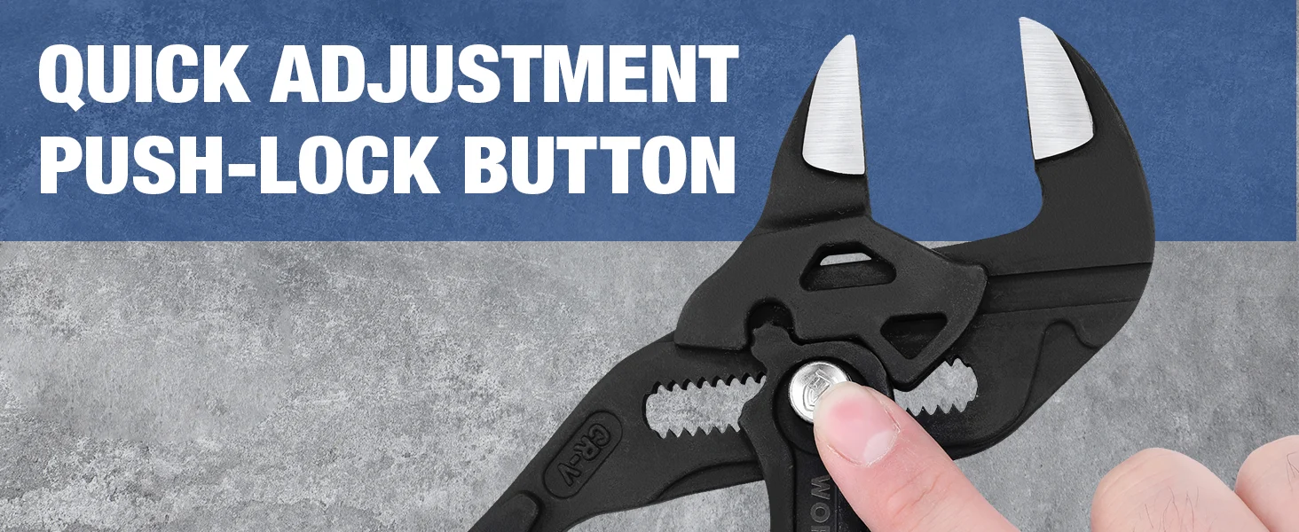Hand holding a black quick adjustment push lock button tool on concrete, with visible metal spring and teeth