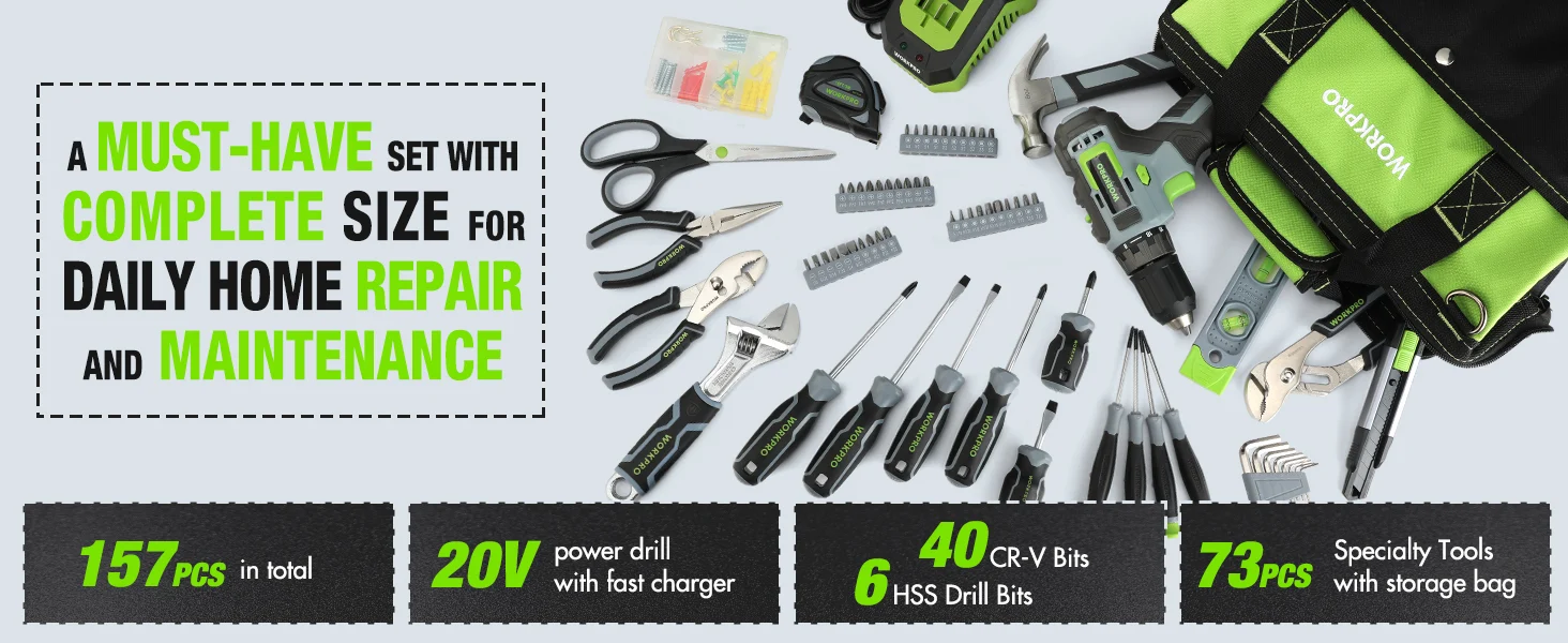 Home repair tool set with scissors, drill, bits, and storage bag, showing innovation and quality in a 157 piece kit