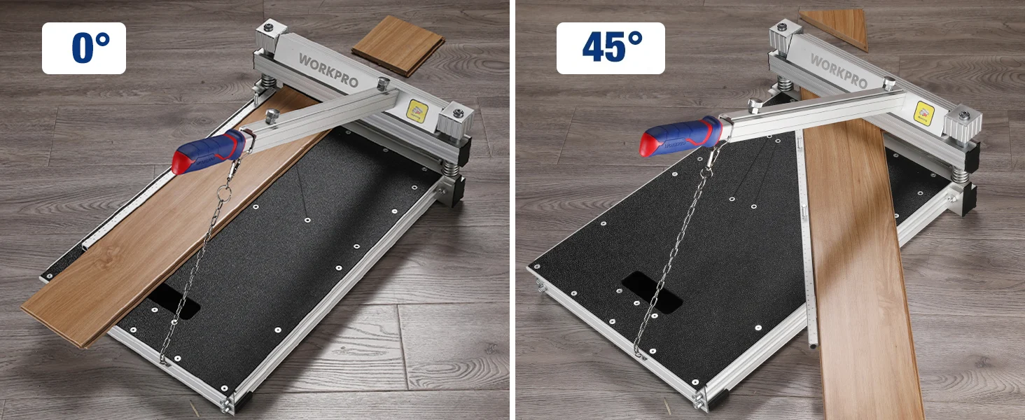 Tile cutter innovation and quality with a WORKPRO frame, showing 0 degrees and 45 degrees angles on wood flooring