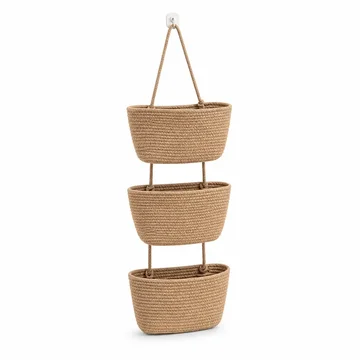 3-Compartment Cotton-Linen Over-The-Door Hanging Storage Basket
