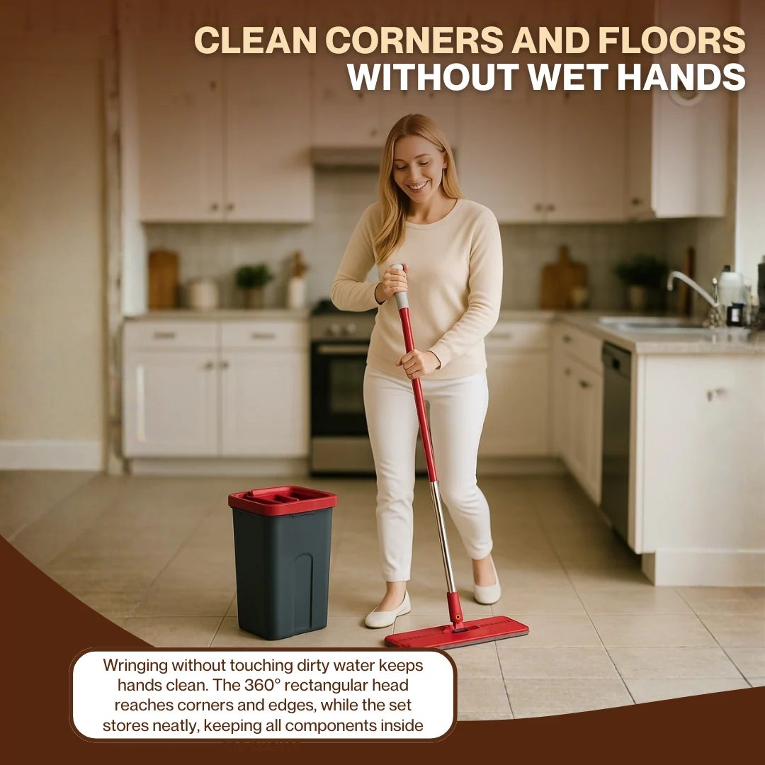 Flat Mop & Bucket Set, 360° Rectangular Head, Telescopic Steel Handle