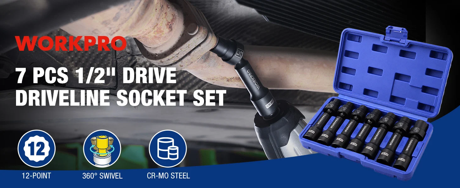 Drive socket set in blue case with sockets and ratchet, showing innovation and quality on a worksite background