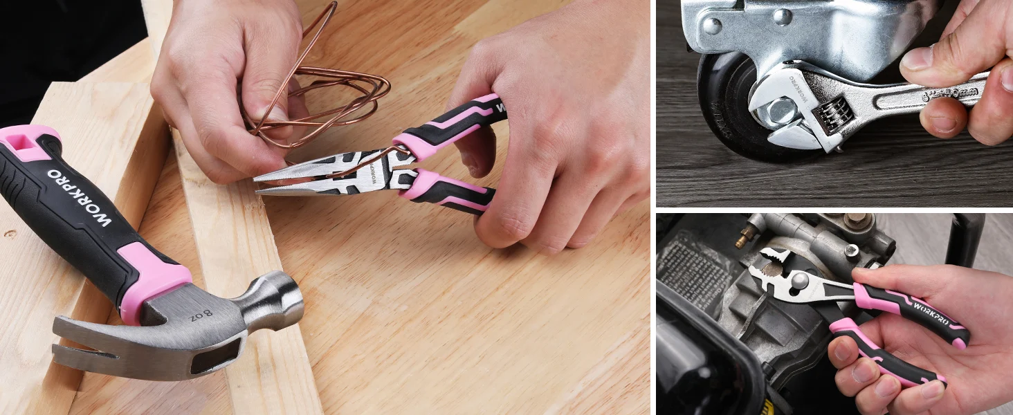 Hand tools at work, with innovation and quality seen in a durable high-quality wrench and pink grip pliers on wood