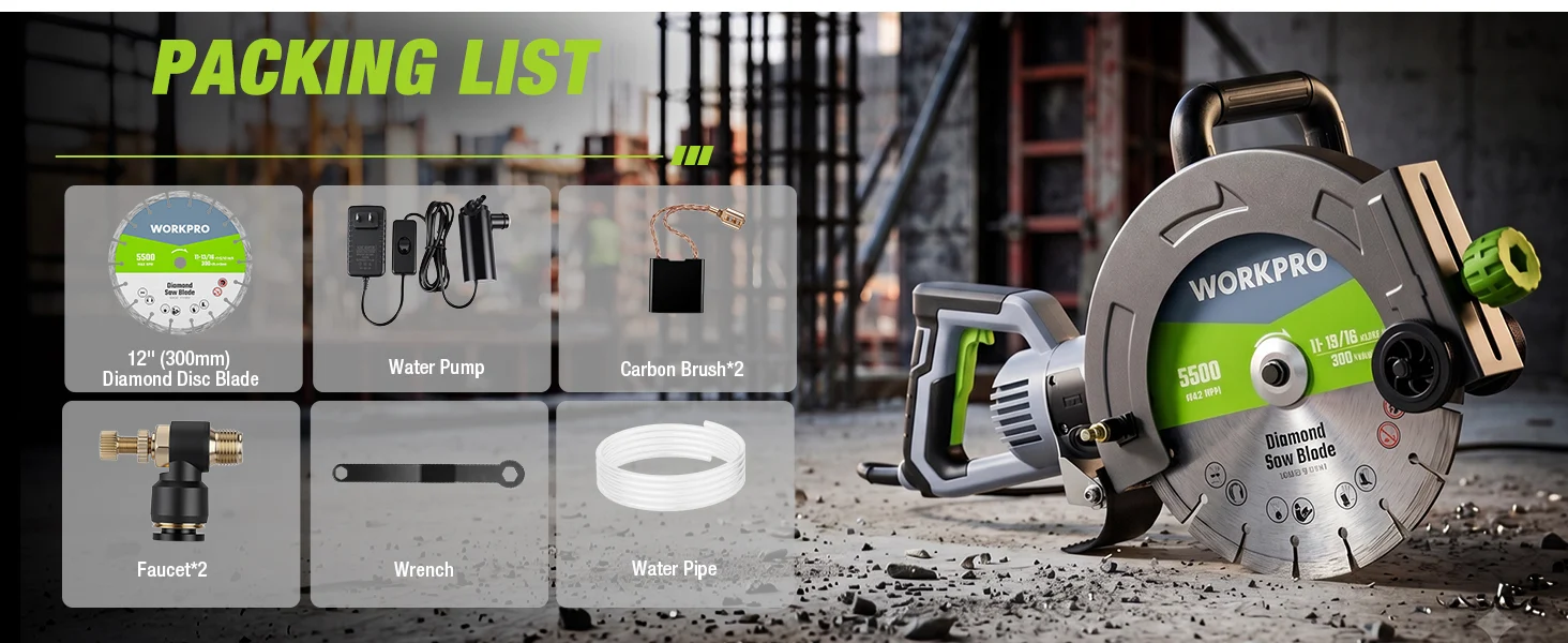 Tool kit packing list graphic with a circular diamond saw blade, water pump, and wrench on a workbench