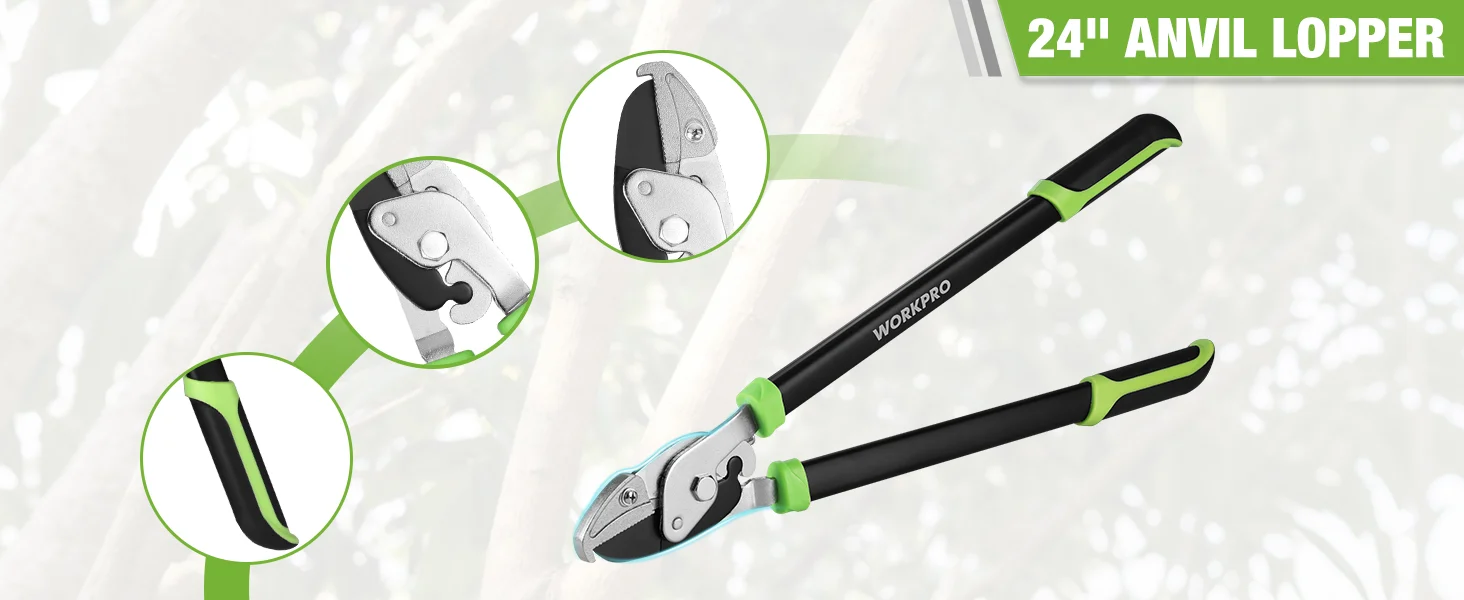 Anvil lopper pruners with green and black handles, showing cutting jaws and hinge detail for secure use