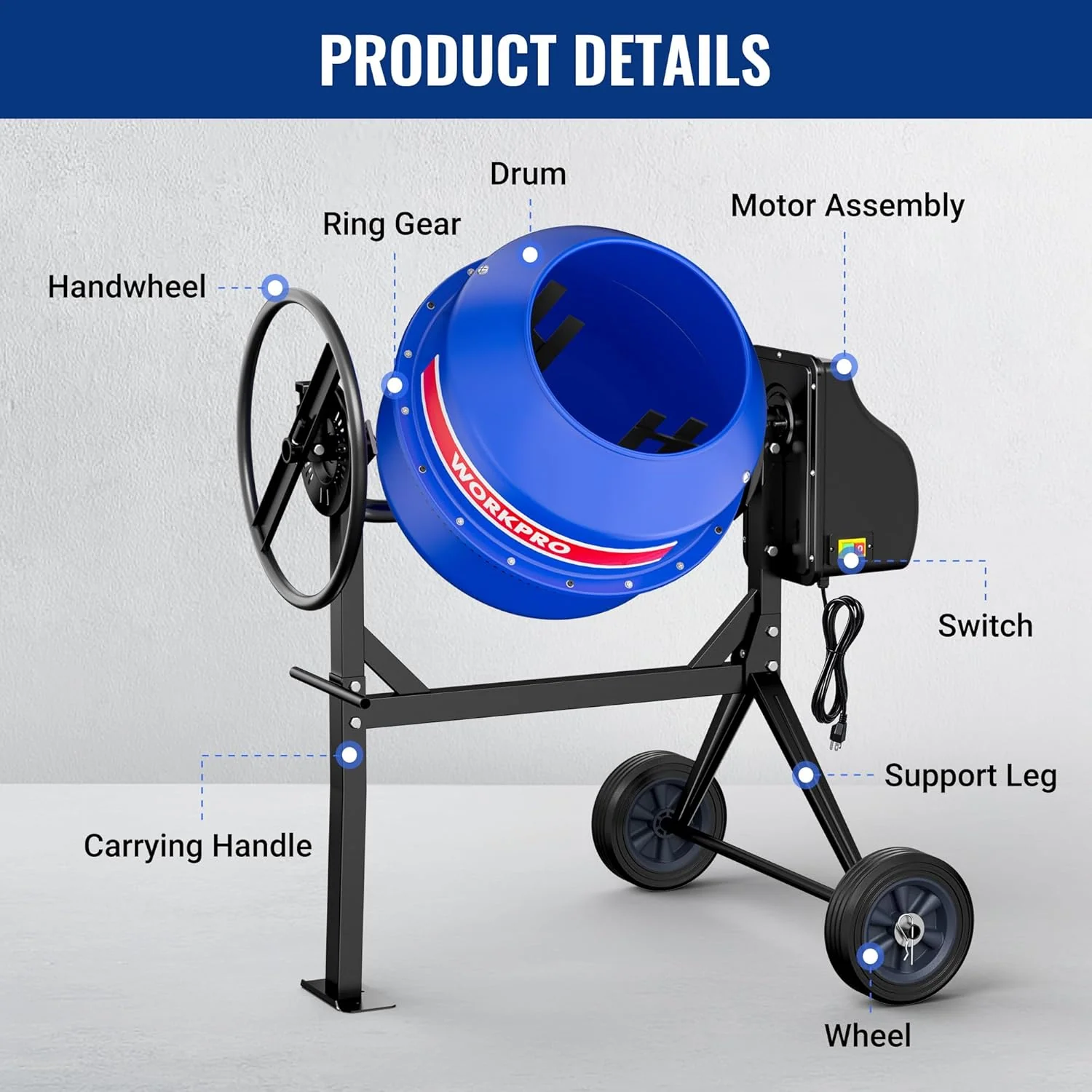 WORKPRO 4.6 Cu.Ft. Electric Cement Mixer, 600W 0.8HP Portable Concrete Mixer with Wheels & Stand Steel for Stucco, Mortar & Seeds - Image 9