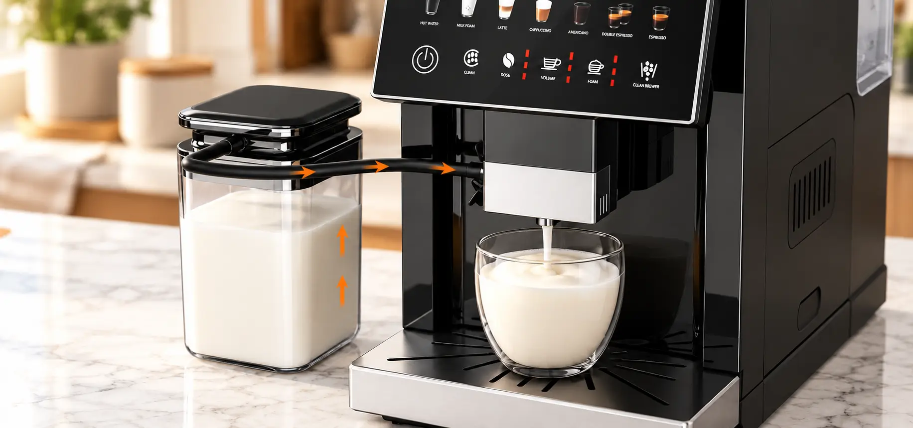 Kismile automatic milk frother dispensing milk foam into a glass, with orange arrows showing milk flow from the container