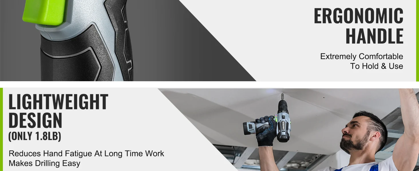 Cordless drill with green and black handle, shown with text about innovation and lightweight design