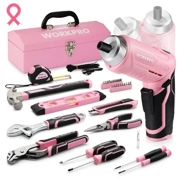 WORKPRO 75-Piece Pink Tools Set, 3.7V Rotatable Cordless Screwdriver and Household Tool Kit w/ 13" Portable Steel Tool Box - Pink Ribbon