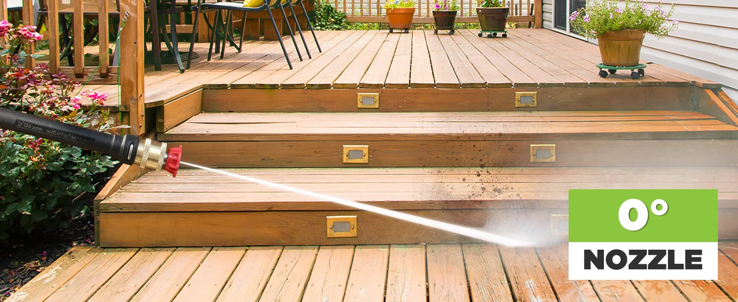 Garden pressure washer nozzle spraying a wooden deck, showing innovation and quality in durable cleaning