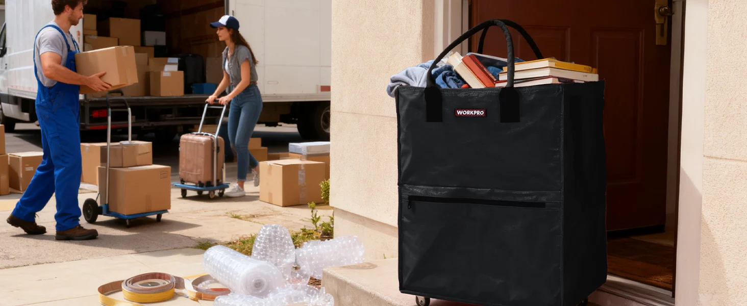 Delivery workers loading boxes near a doorway, with a black tote bag holding books and packing materials