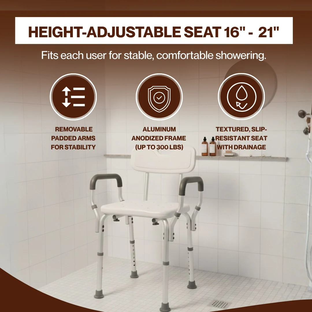 Height Adjustable Shower and Bath Chair with Arms and Optional Back