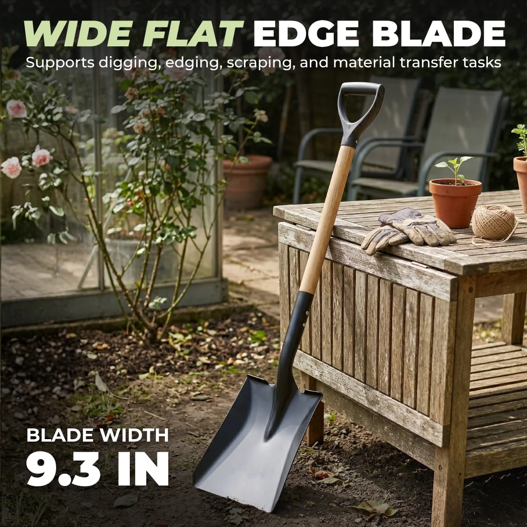 Flat Edge Garden Shovel with Steel Blade and Molded D-Grip Handle