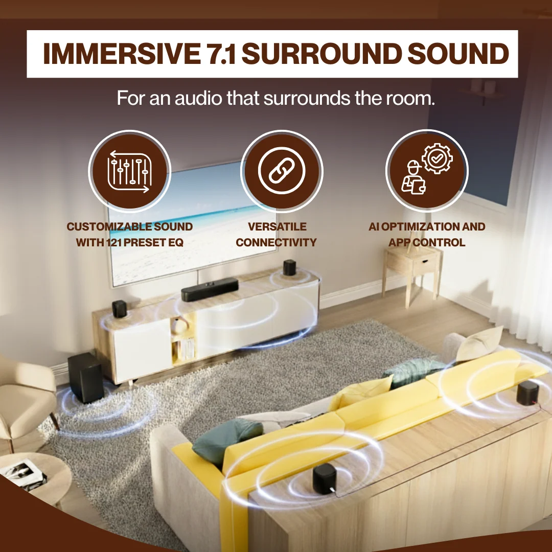 7.1ch Virtual Surround Sound Bar with Subwoofer & 4 Surround Speakers