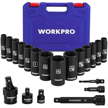 WORKPRO 20-Piece 1/2" Drive Deep Impact Socket Set, 6-Point, Cr-V Steel, 10-27mm, Universal Joint, Adapter and Extension Bar, SAE