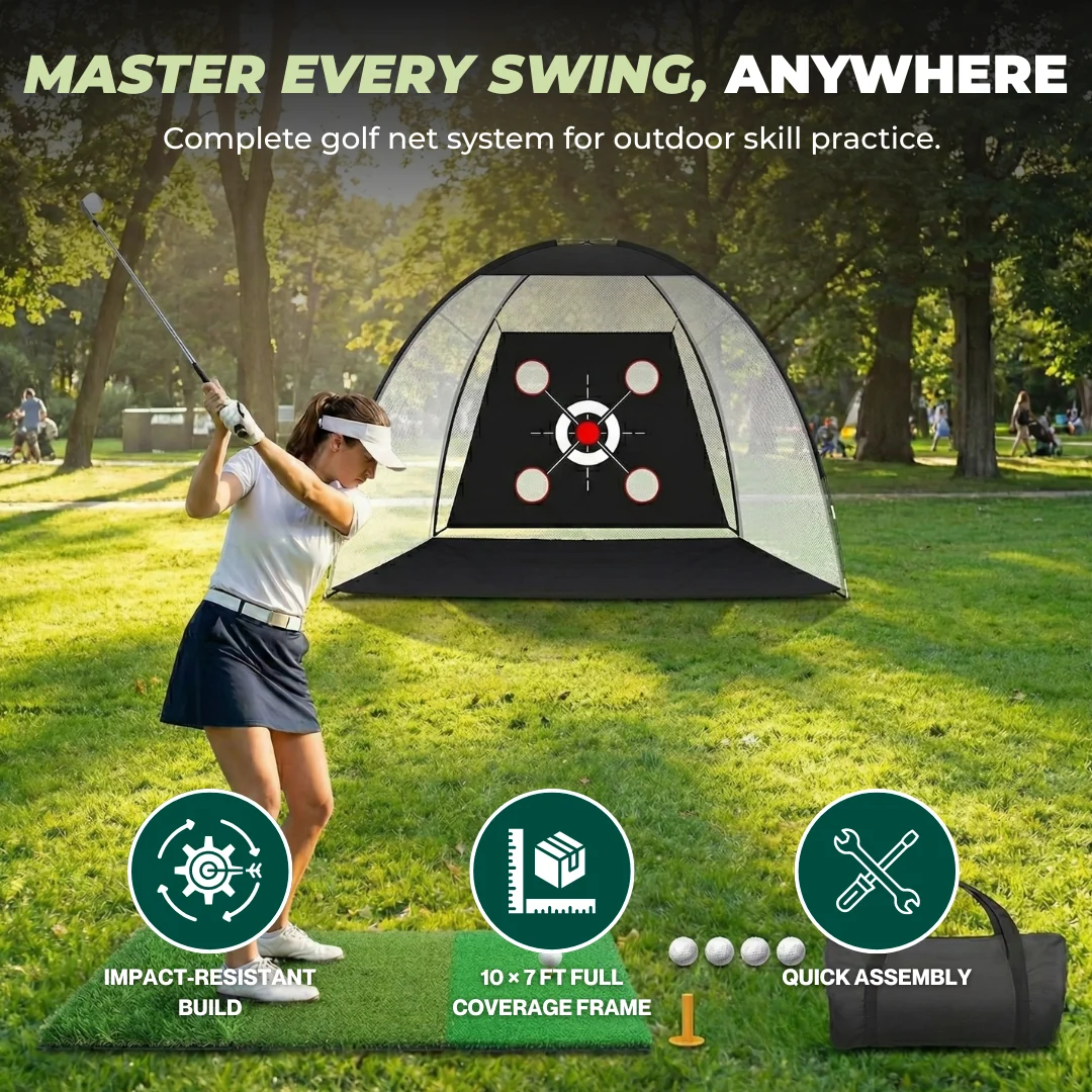 Golf Practice Net 10x7 ft with Target Mat Balls and Carry Bag