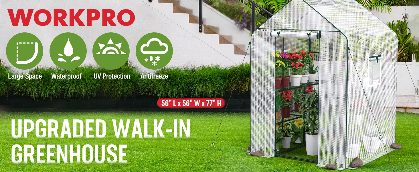 Greenhouse tent with mesh panels and potted plants in a yard, showing innovation and quality features