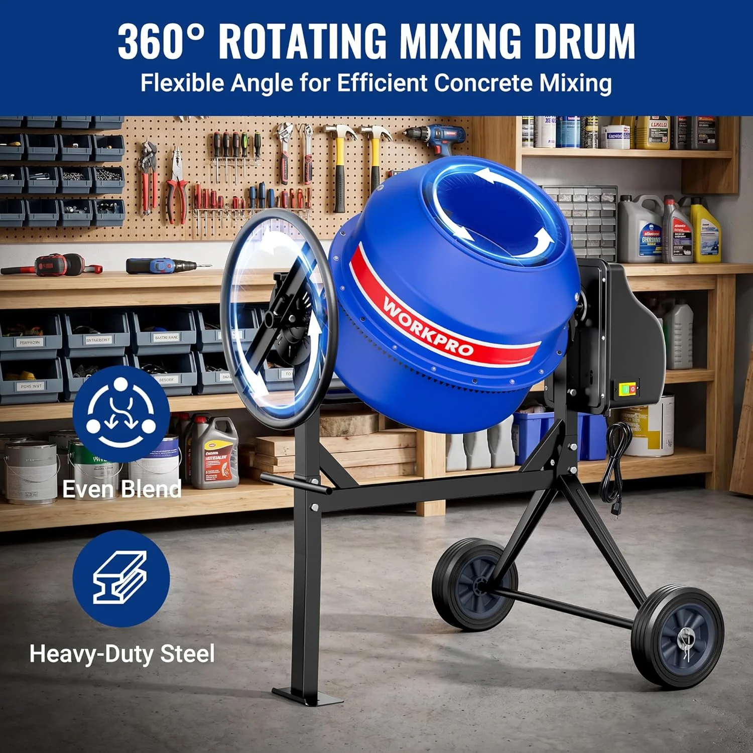 WORKPRO 4.6 Cu.Ft. Electric Cement Mixer, 600W 0.8HP Portable Concrete Mixer with Wheels & Stand Steel for Stucco, Mortar & Seeds - Image 5