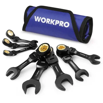 WORKPRO 8-Piece Flex-Head Stubby Anti-slip Ratcheting Wrench Set with Rolling Pouch, Metric 8-17mm