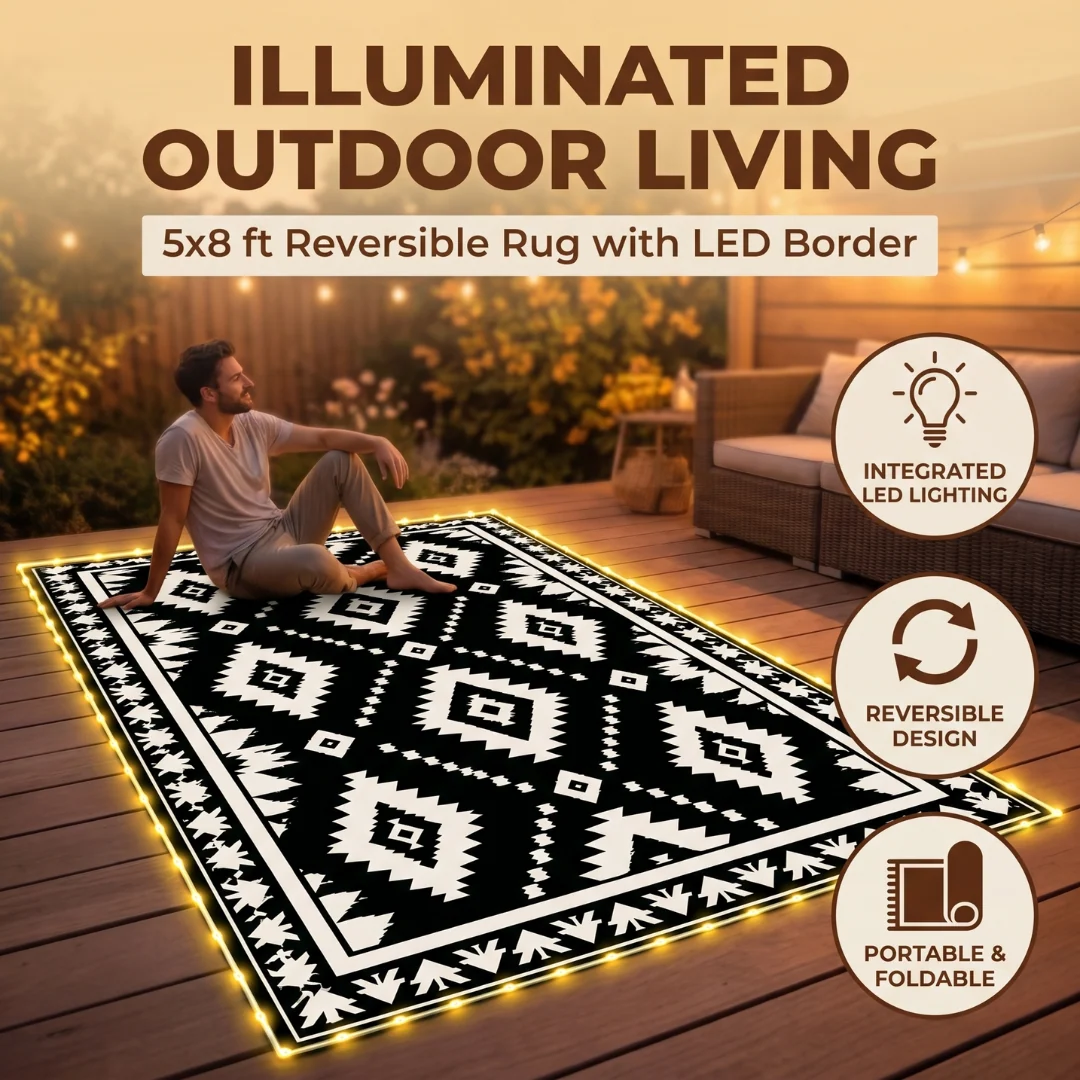 5x8 ft Reversible Patio Rug with LED Strip Light and 9 ft Cord