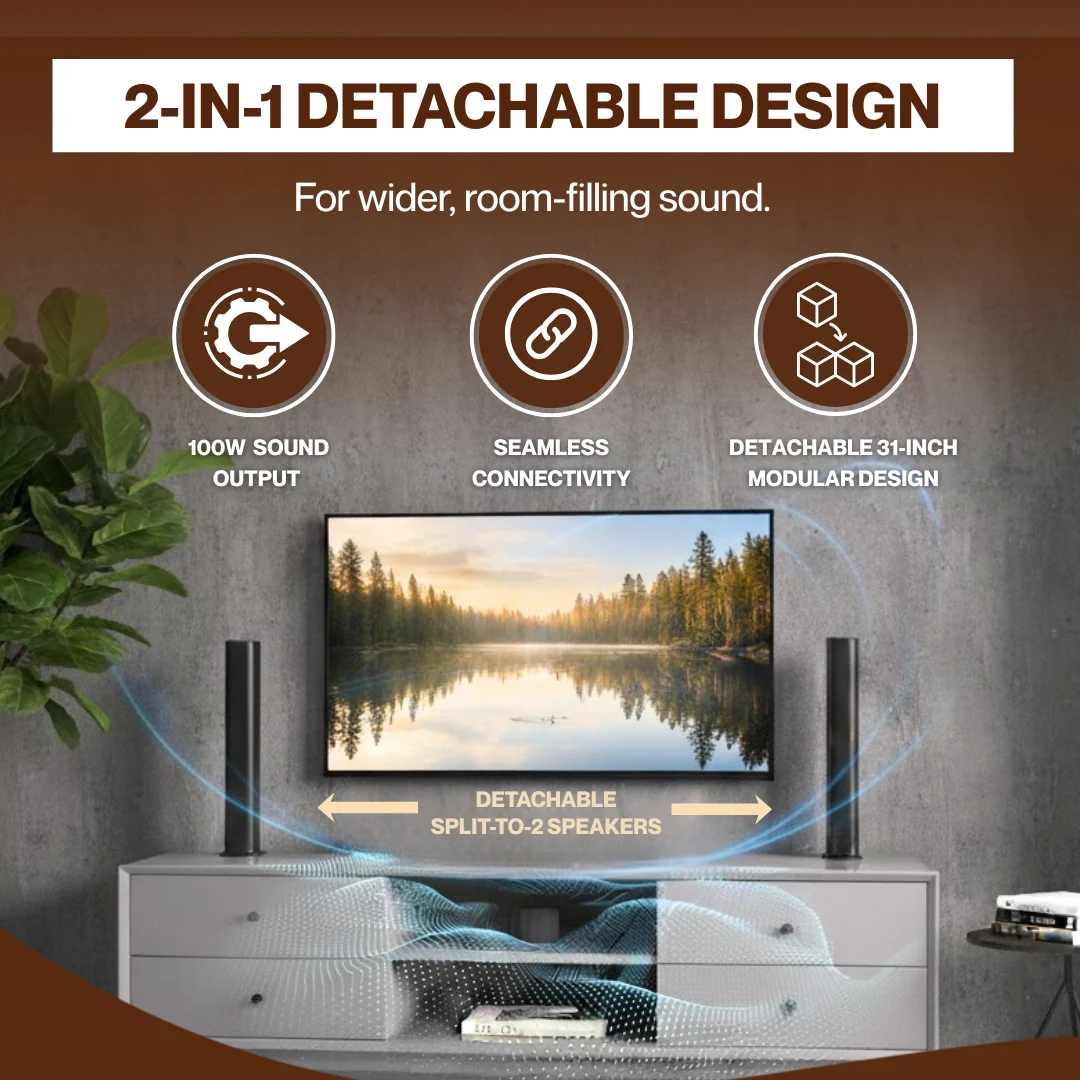 100W TV Sound Bar with Bluetooth 5.3, ARC & Detachable Surround