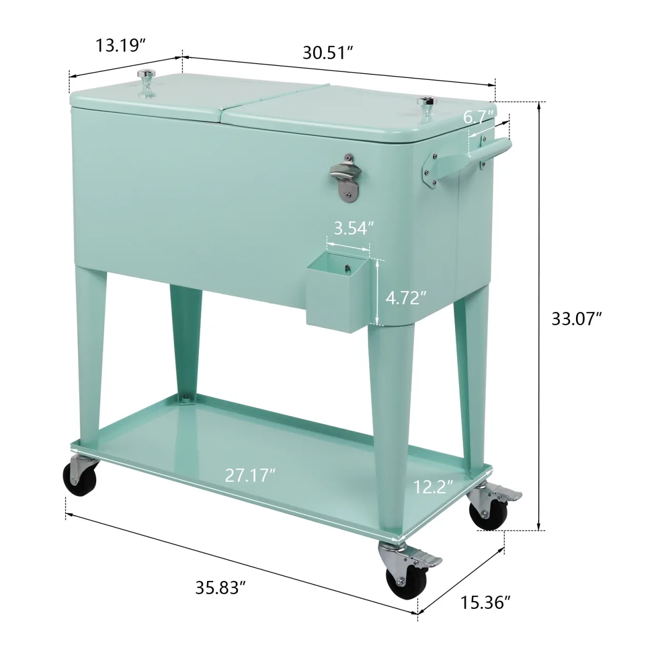80Qt All-In-One Cooler Cart With Bottle Opener, Lower Storage Shelf and Cap Catcher, Outdoor Party Rolling Cooler With Lockable Wheels For Pool Side, Patio, Balcony, Mint(33.07 x 15.16 x 35.83)" - Image 10