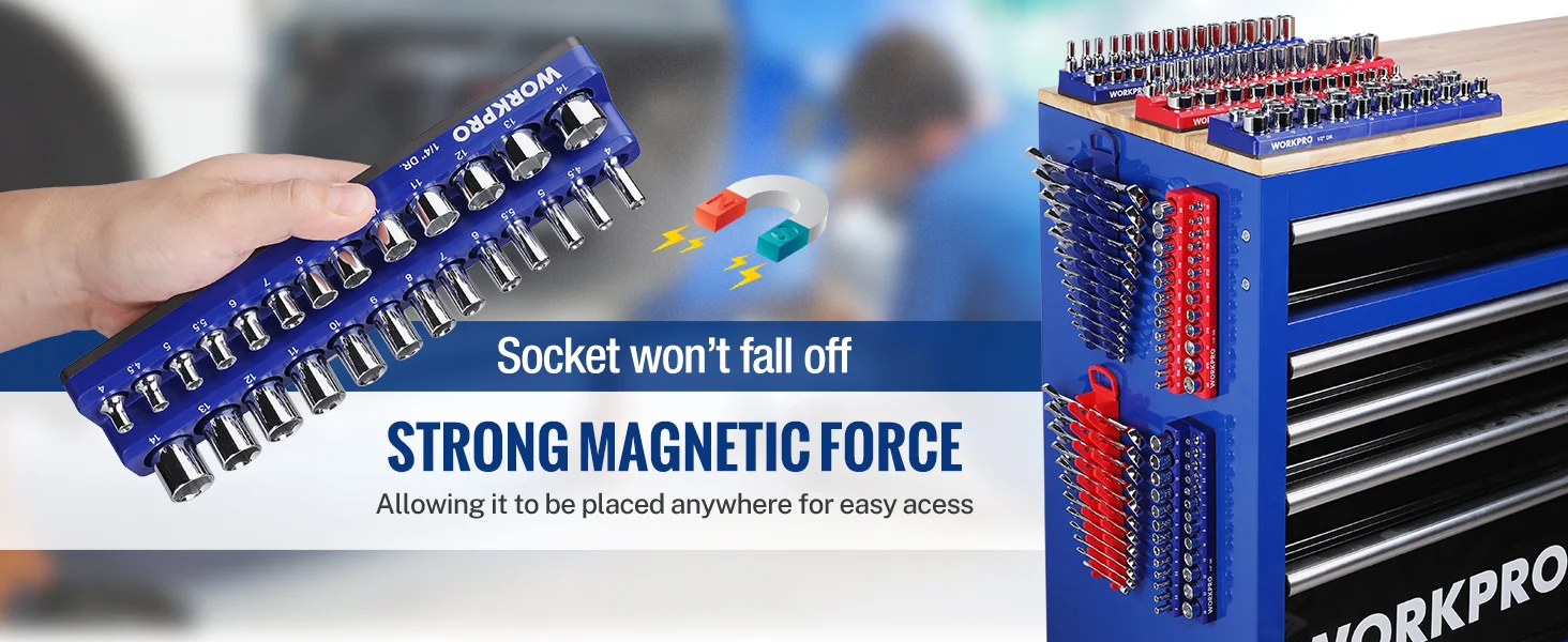 Socket set with strong magnetic force, quality innovation, and durable metal tools on a blue workbench