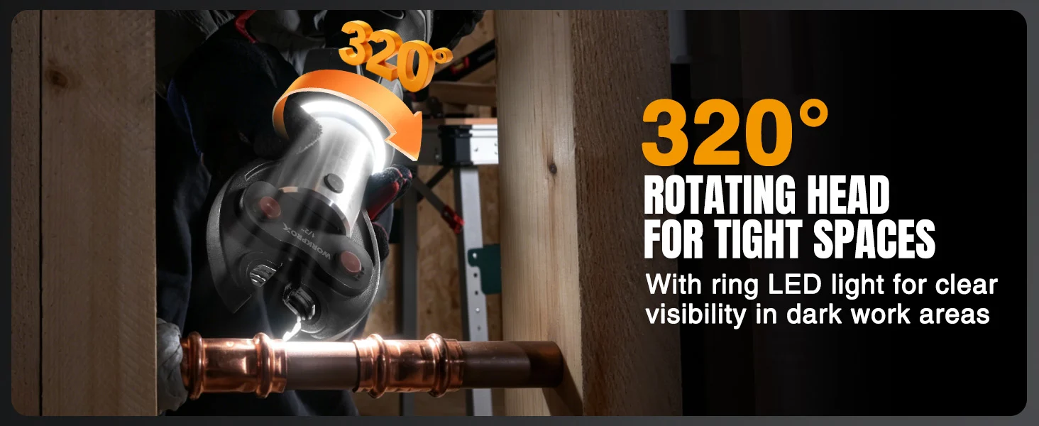 Power tool with a 320 degree rotating head and ring LED light for innovation in tight work spaces
