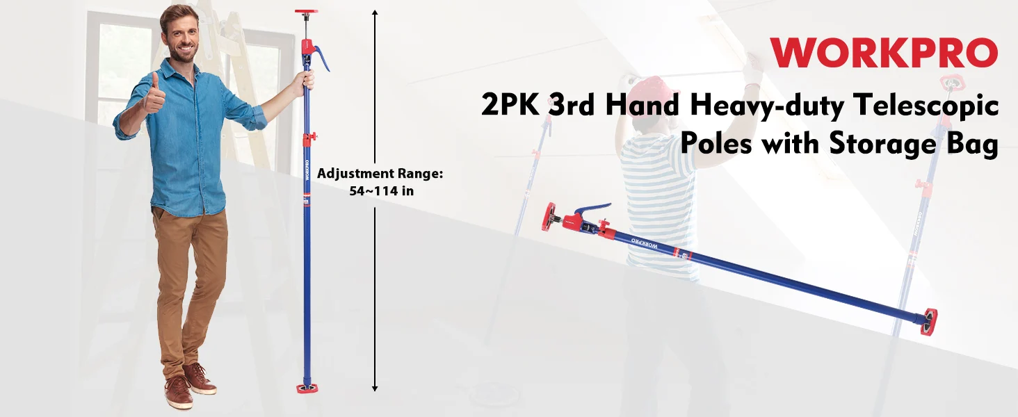 Telescopic pole set shown with a person indoors, with storage bag and adjustment range text on a banner
