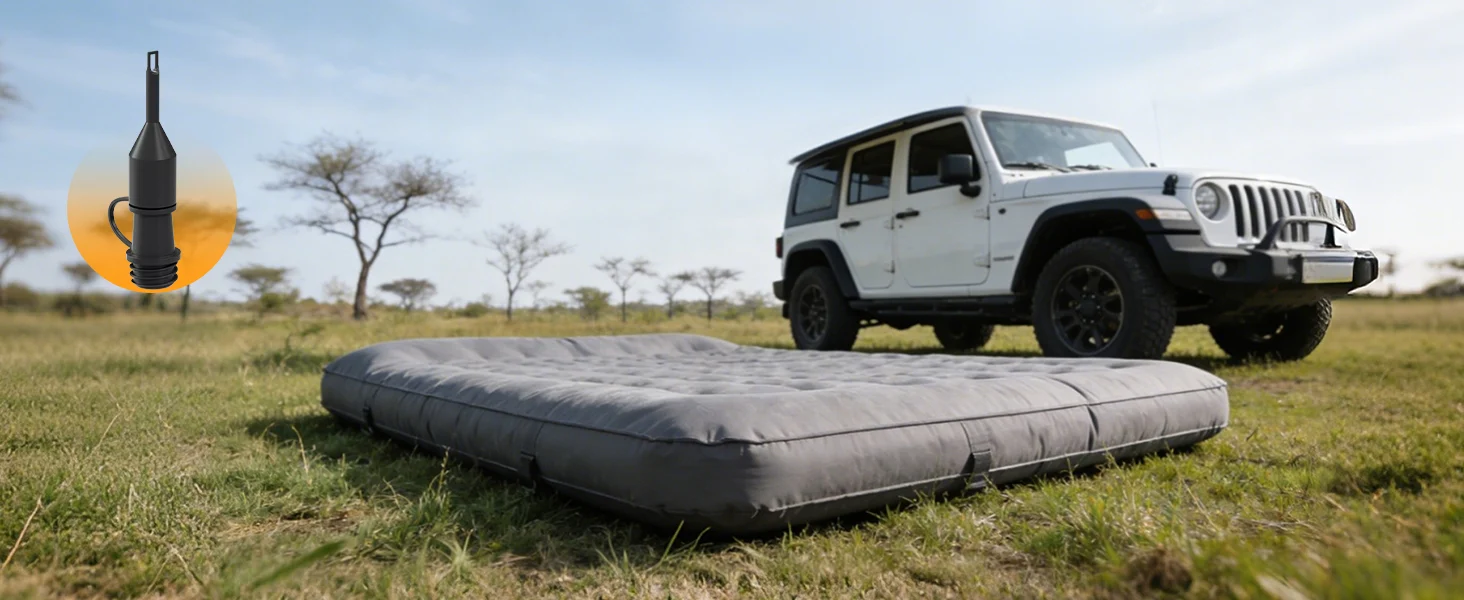 Inflatable vehicle air mattress innovation and quality shown on grass with a white SUV in the background