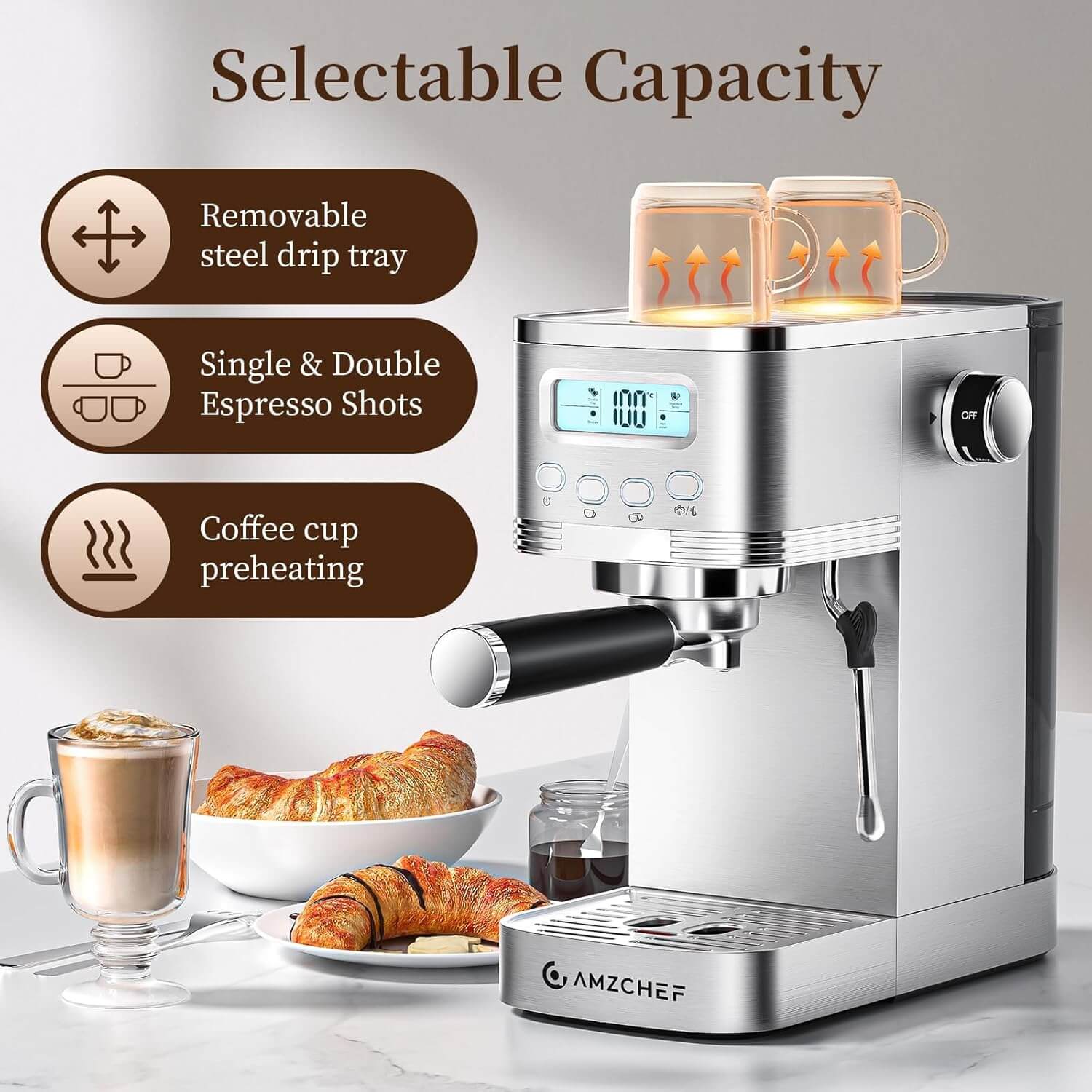 AMZCHEF Compact Latte Machine with Visual LCD 20 Bar Coffee Machine 4