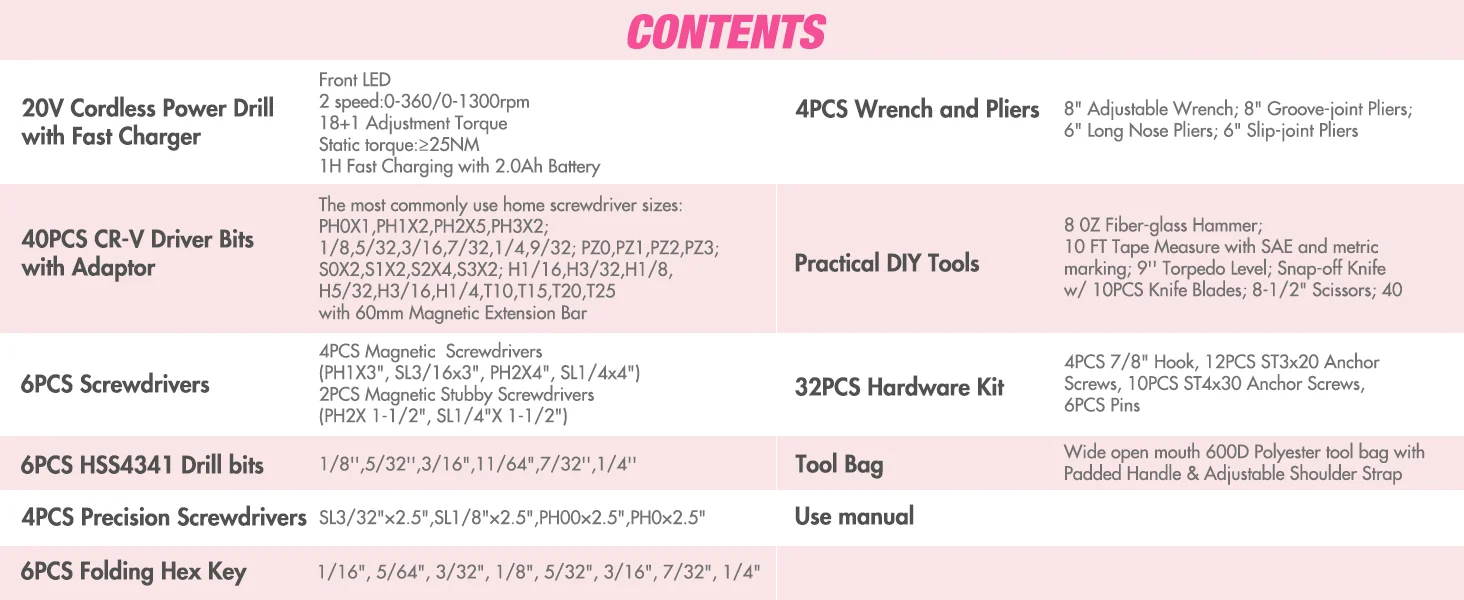 Contents page listing cordless power drill, driver bits, screwdrivers, hardware kit, tool bag, and use manual