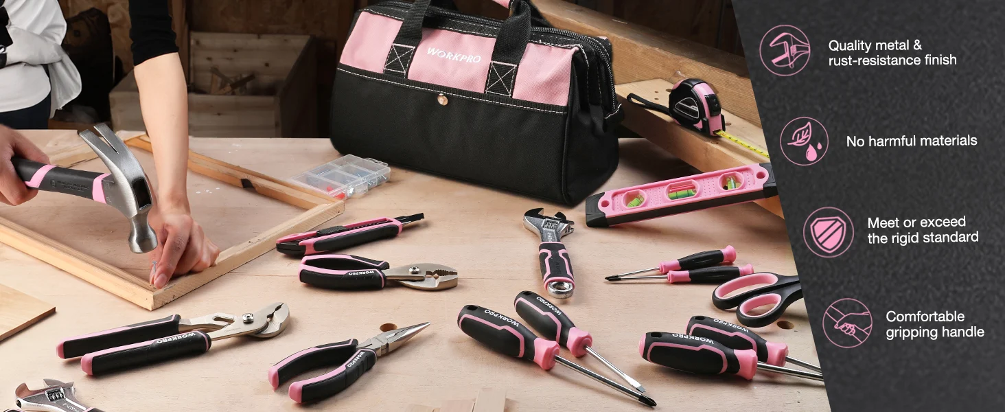 Tool bag and hand tools on a wooden workbench, with innovation and quality shown in pink and black handles